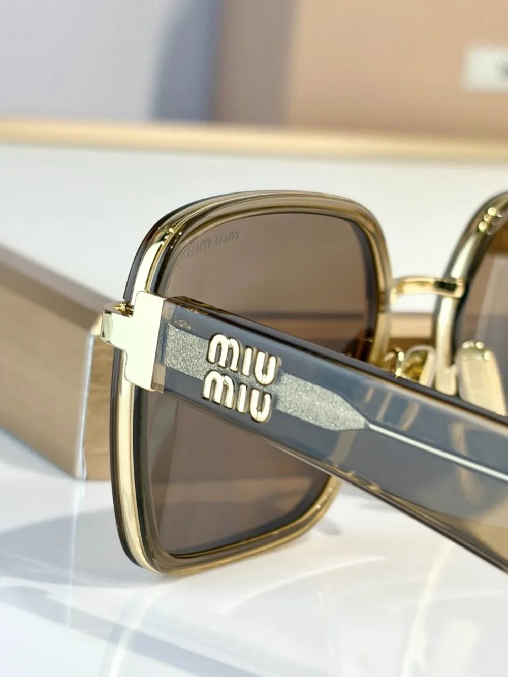 Miu Miu Oversized Square Sunglasses Brown Lenses Gold Olive Frame Women’s